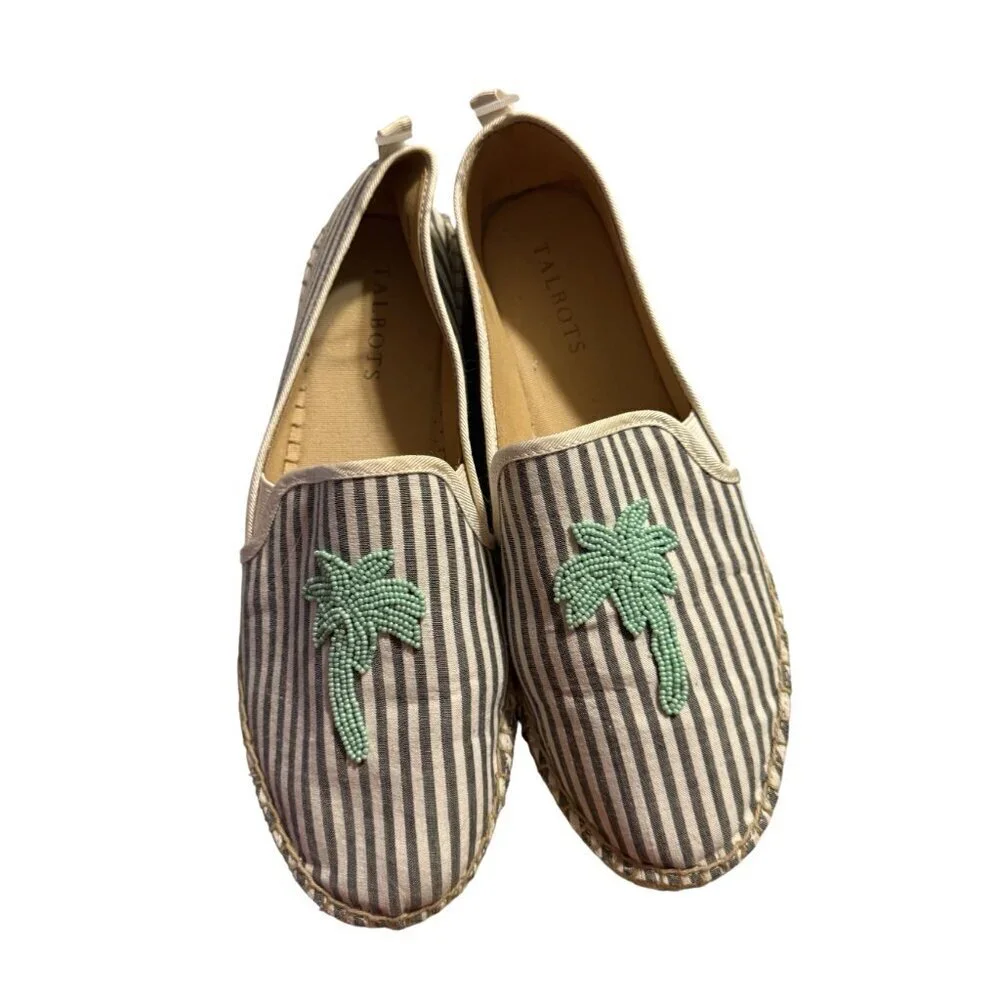 Talbots Womens Striped Espadrille Flats With Green Beaded Palm Tree Design Size